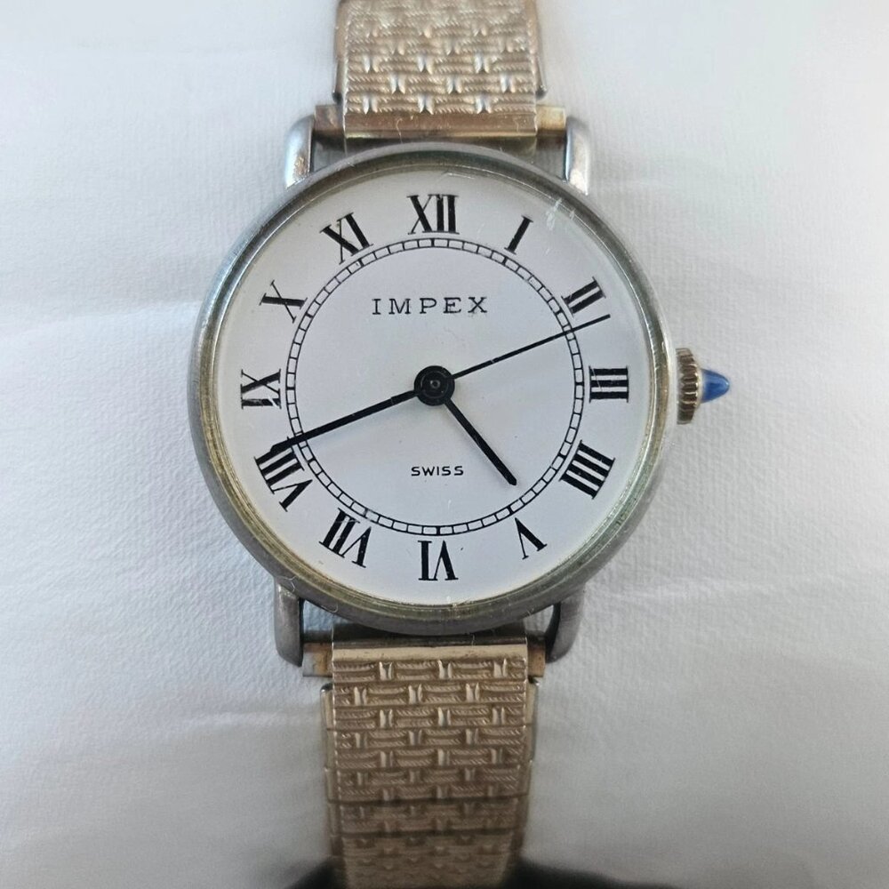 Vintage Impex Swiss Wristwatch Gold Tone Stretched Metal Band Hand Winding Watch